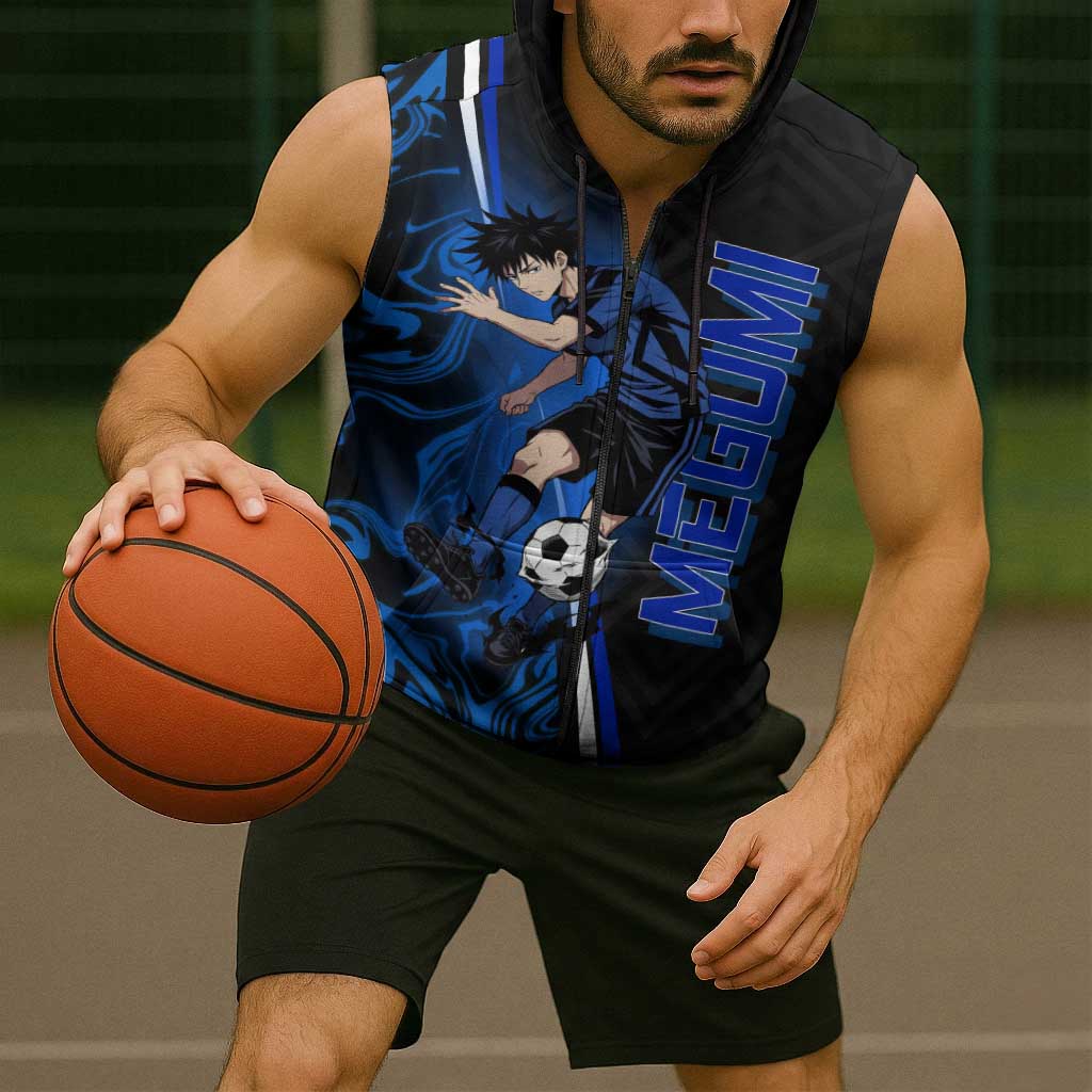 Custom Megumi Fushiguro Jujutsu Kaisen Sleeveless Zip Hoodie Blue Flames Soccer Theme Anime