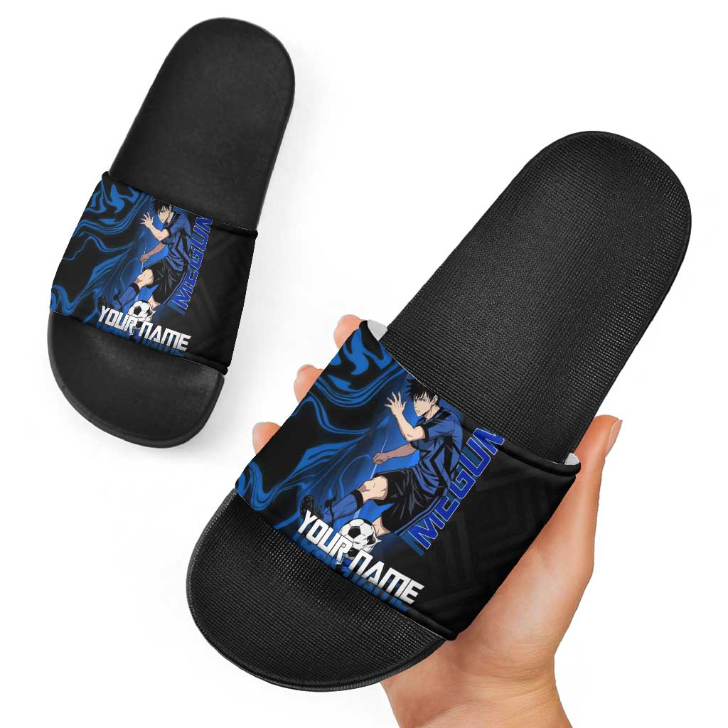 Custom Megumi Fushiguro Jujutsu Kaisen Slide Sandals Blue Flames Soccer Theme Anime