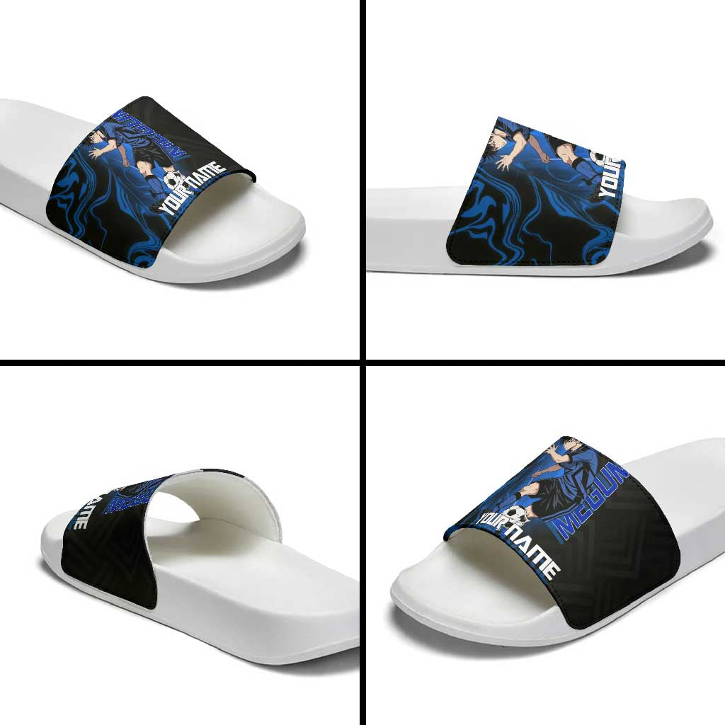 Custom Megumi Fushiguro Jujutsu Kaisen Slide Sandals Blue Flames Soccer Theme Anime