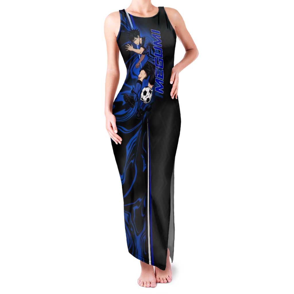 Custom Megumi Fushiguro Jujutsu Kaisen Tank Maxi Dress Blue Flames Soccer Theme Anime