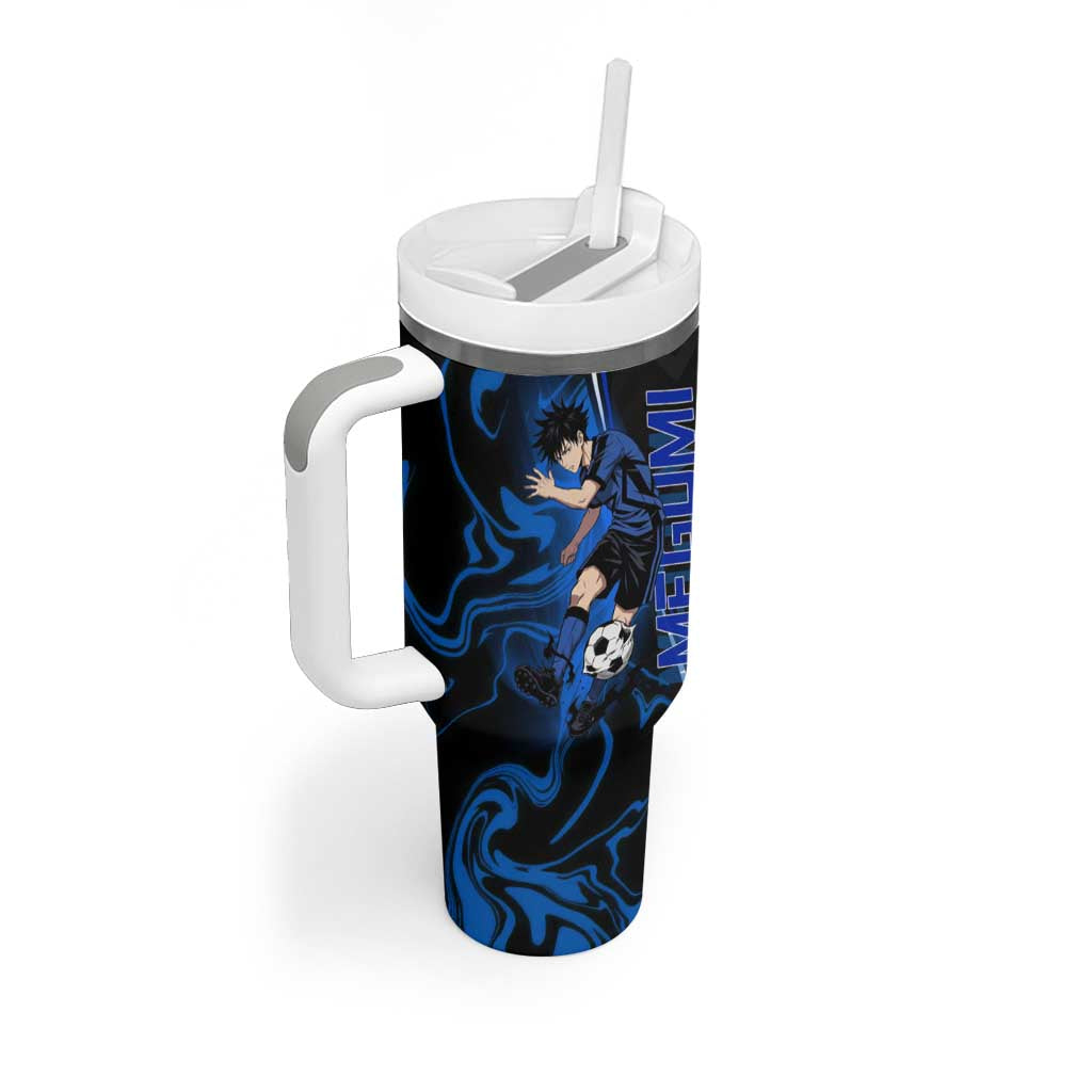 Custom Megumi Fushiguro Jujutsu Kaisen Tumbler With Handle Blue Flames Soccer Theme Anime