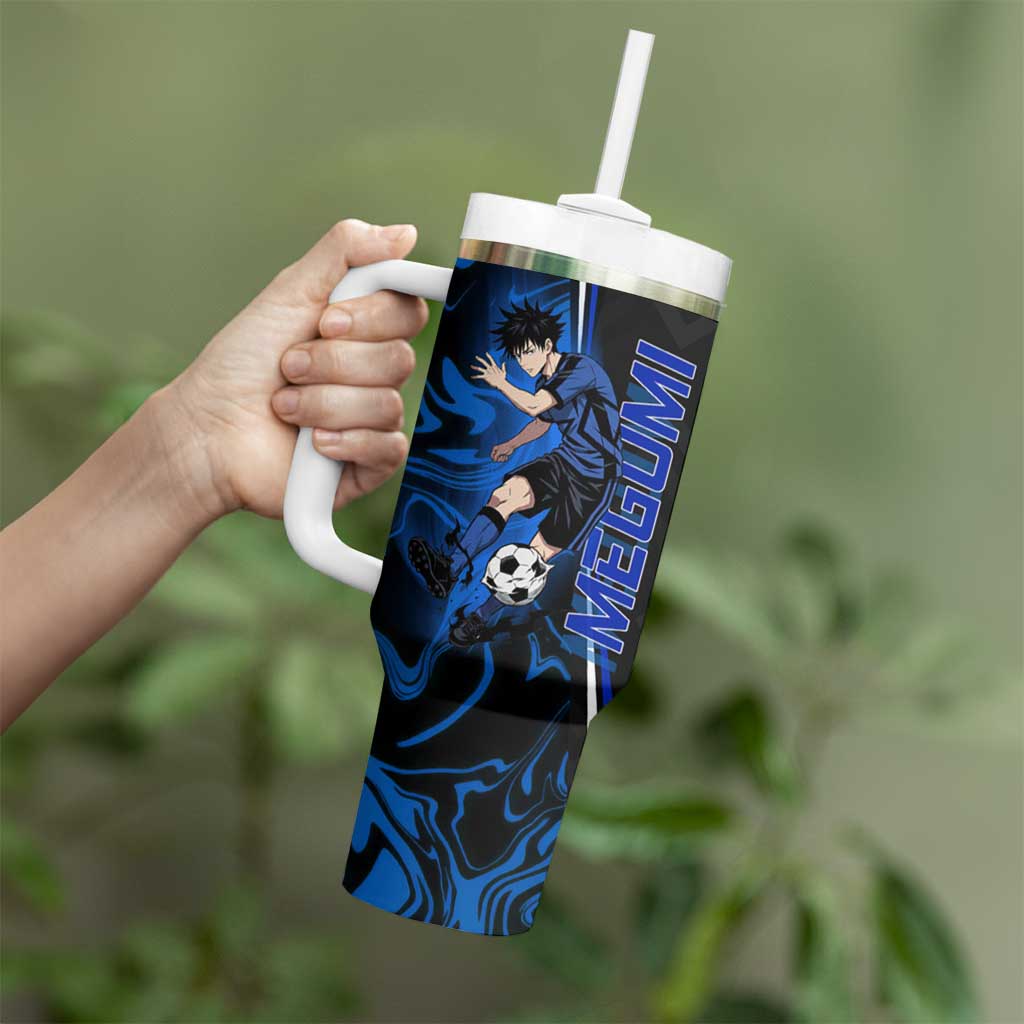 Custom Megumi Fushiguro Jujutsu Kaisen Tumbler With Handle Blue Flames Soccer Theme Anime