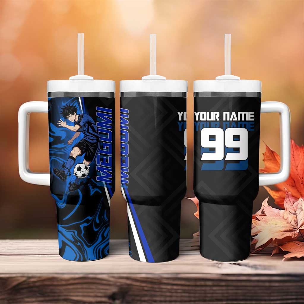 Custom Megumi Fushiguro Jujutsu Kaisen Tumbler With Handle Blue Flames Soccer Theme Anime
