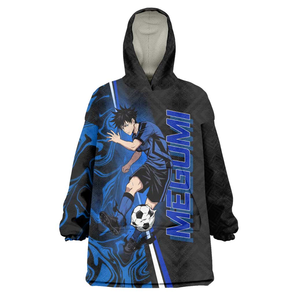 Custom Megumi Fushiguro Jujutsu Kaisen Wearable Blanket Hoodie Blue Flames Soccer Theme Anime