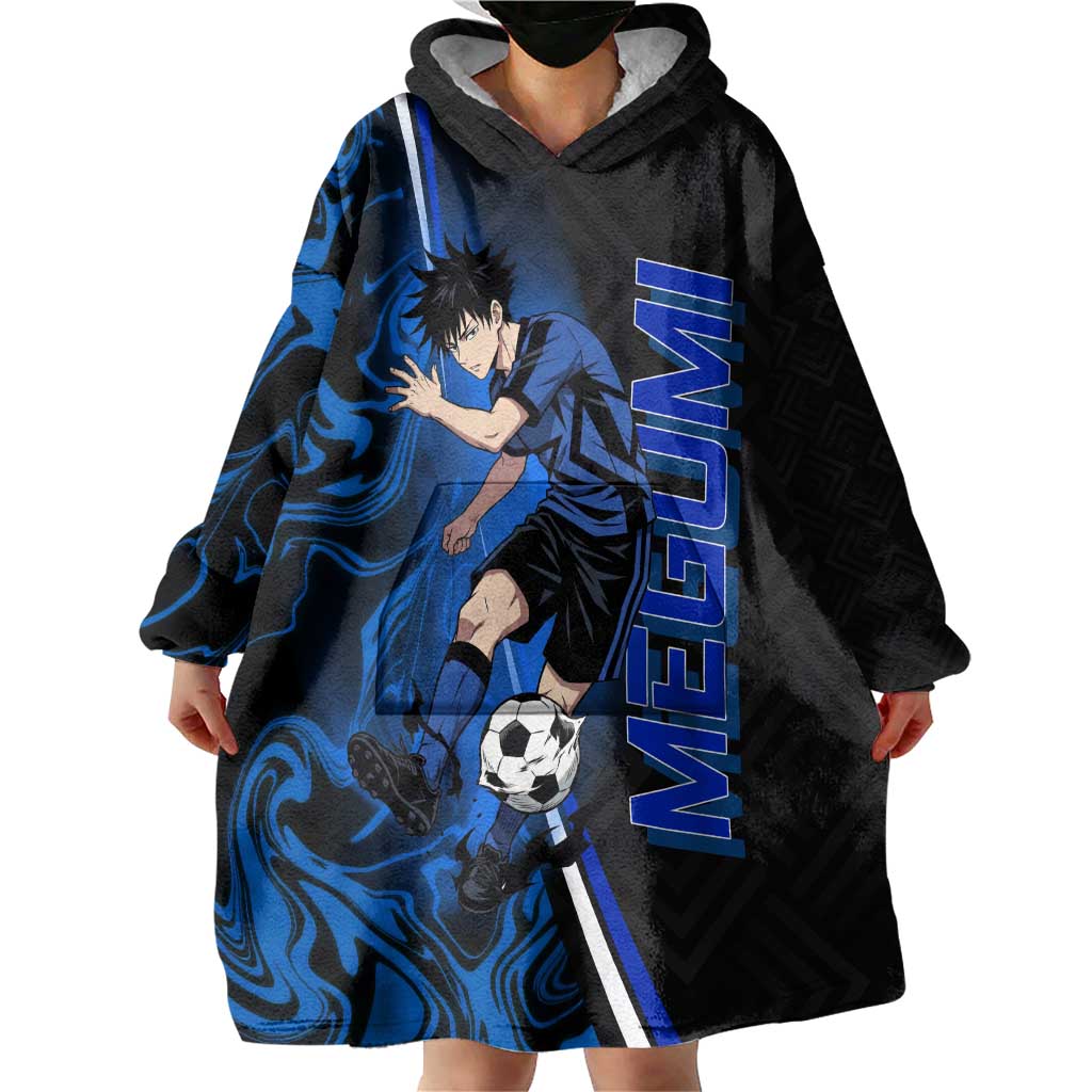 Custom Megumi Fushiguro Jujutsu Kaisen Wearable Blanket Hoodie Blue Flames Soccer Theme Anime