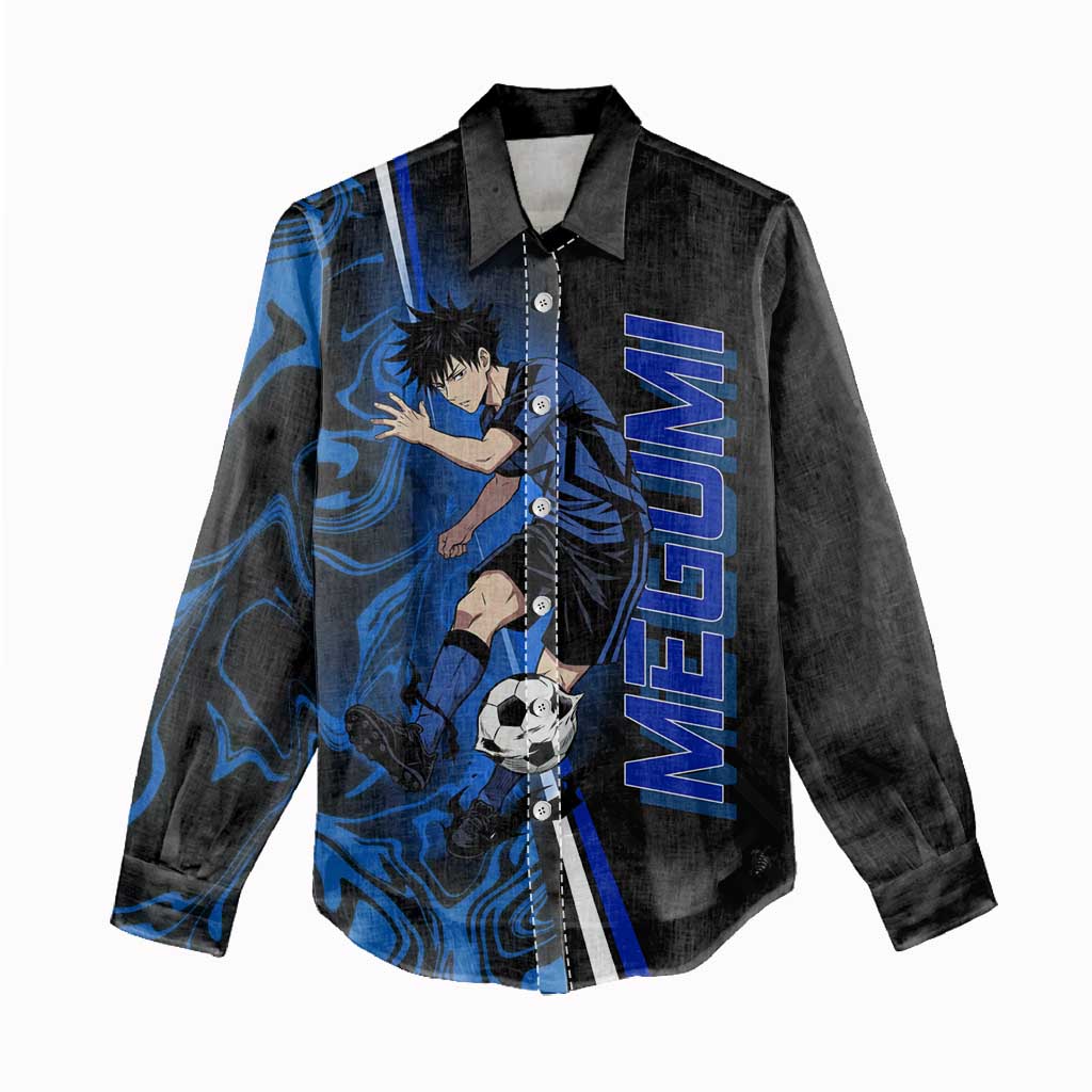 Custom Megumi Fushiguro Jujutsu Kaisen Women Casual Shirt Blue Flames Soccer Theme Anime