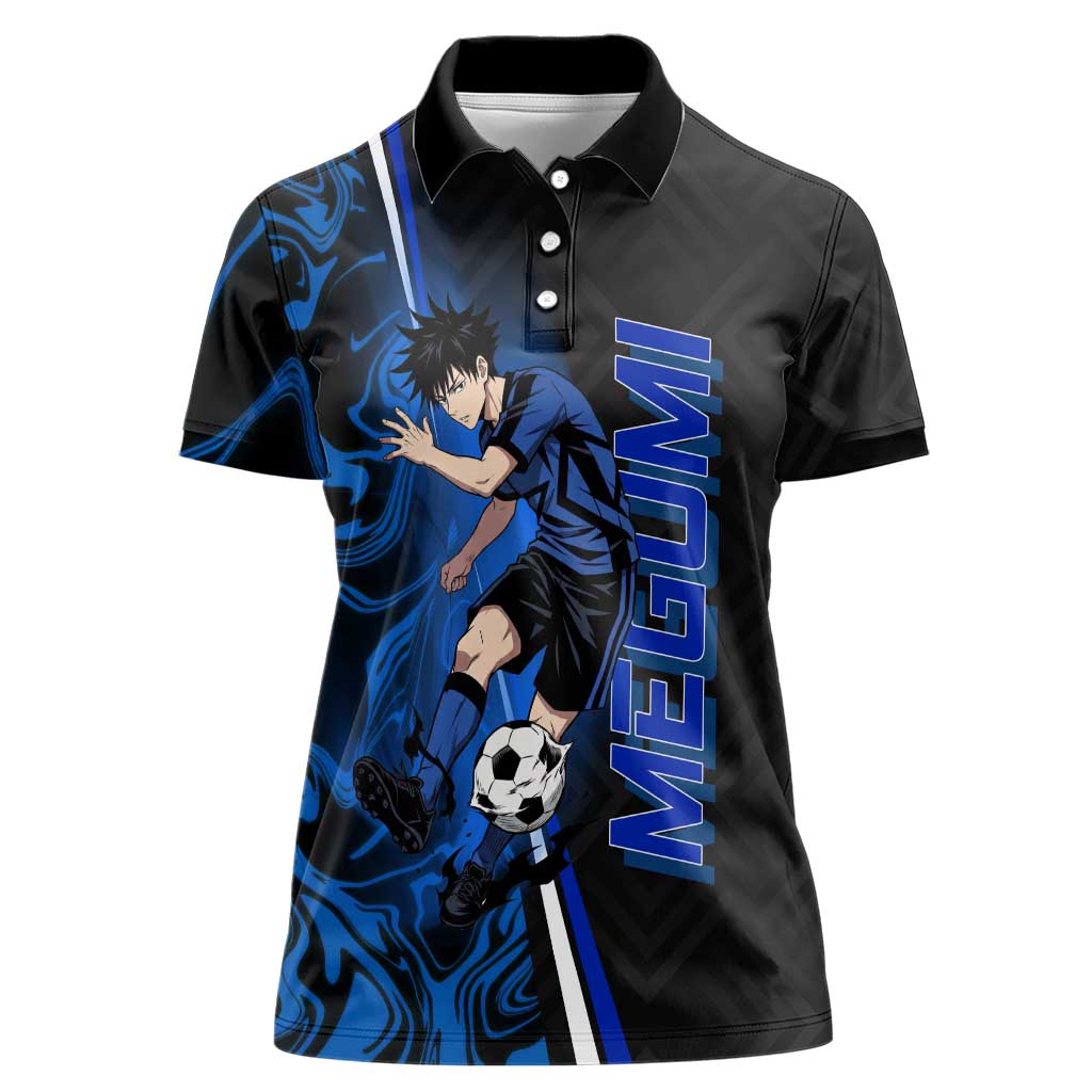 Custom Megumi Fushiguro Jujutsu Kaisen Women Polo Shirt Blue Flames Soccer Theme Anime