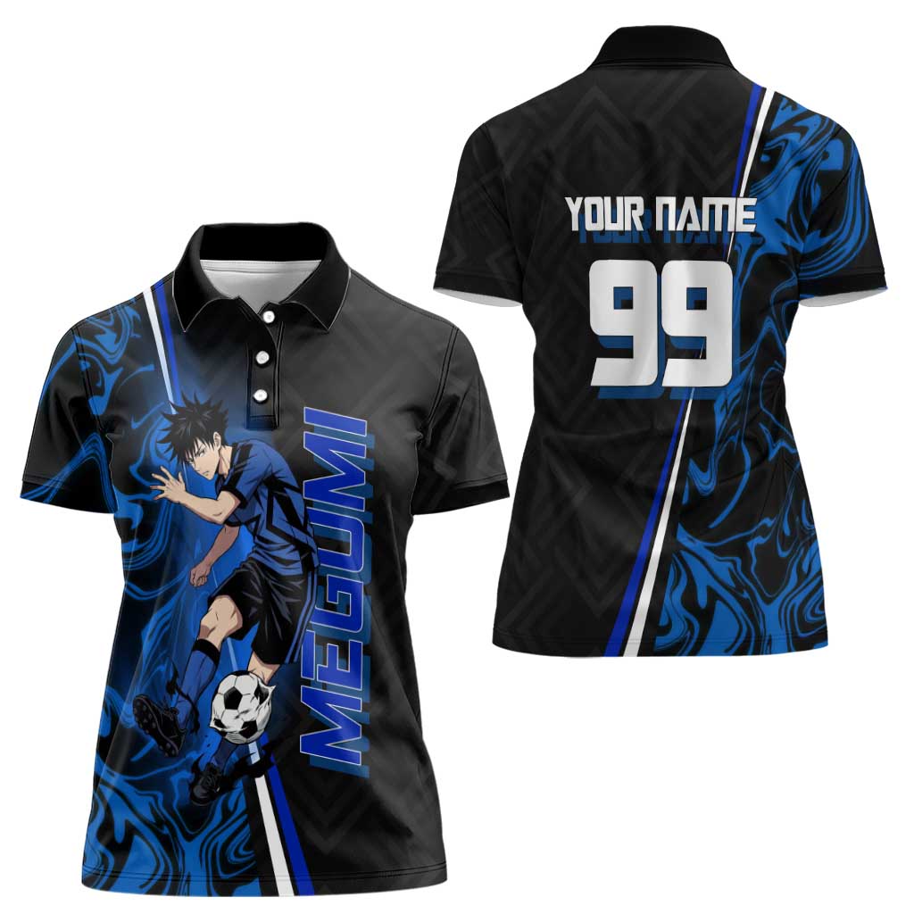 Custom Megumi Fushiguro Jujutsu Kaisen Women Polo Shirt Blue Flames Soccer Theme Anime