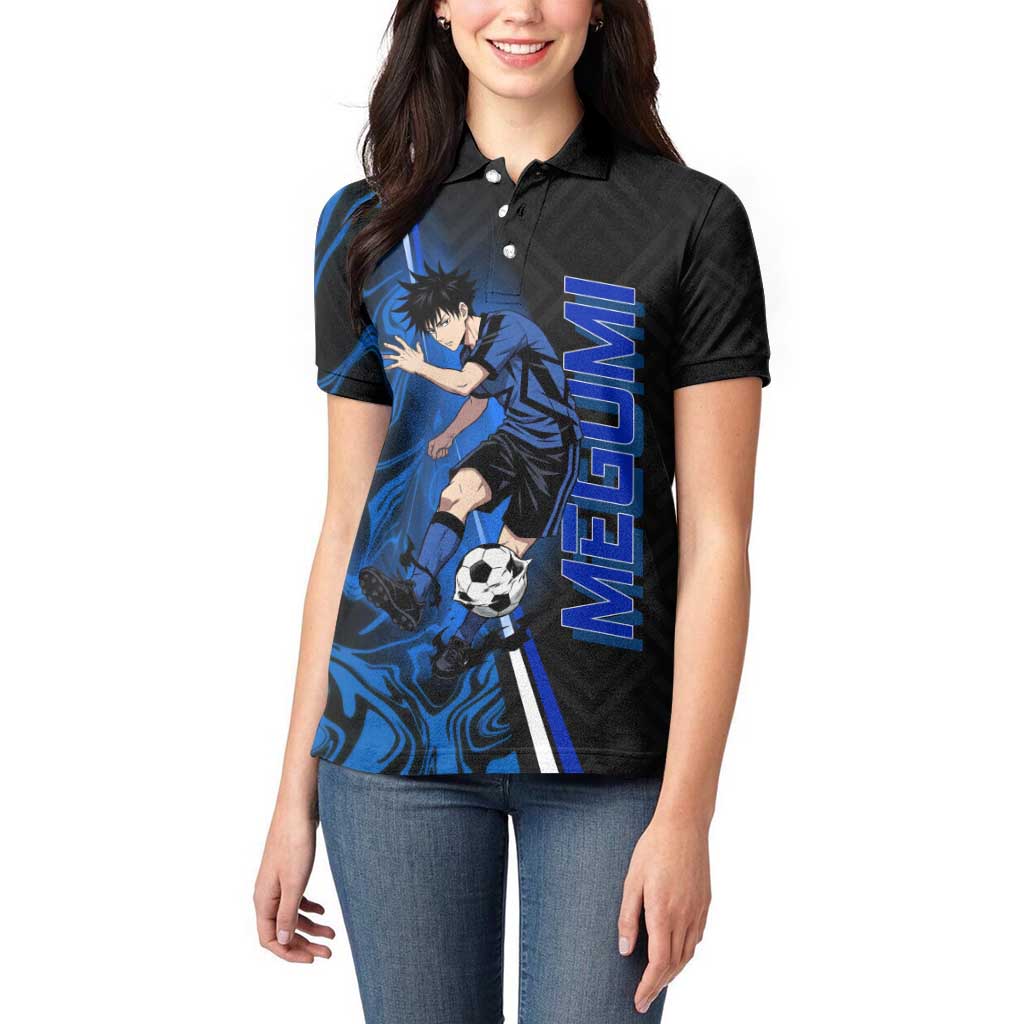 Custom Megumi Fushiguro Jujutsu Kaisen Women Polo Shirt Blue Flames Soccer Theme Anime