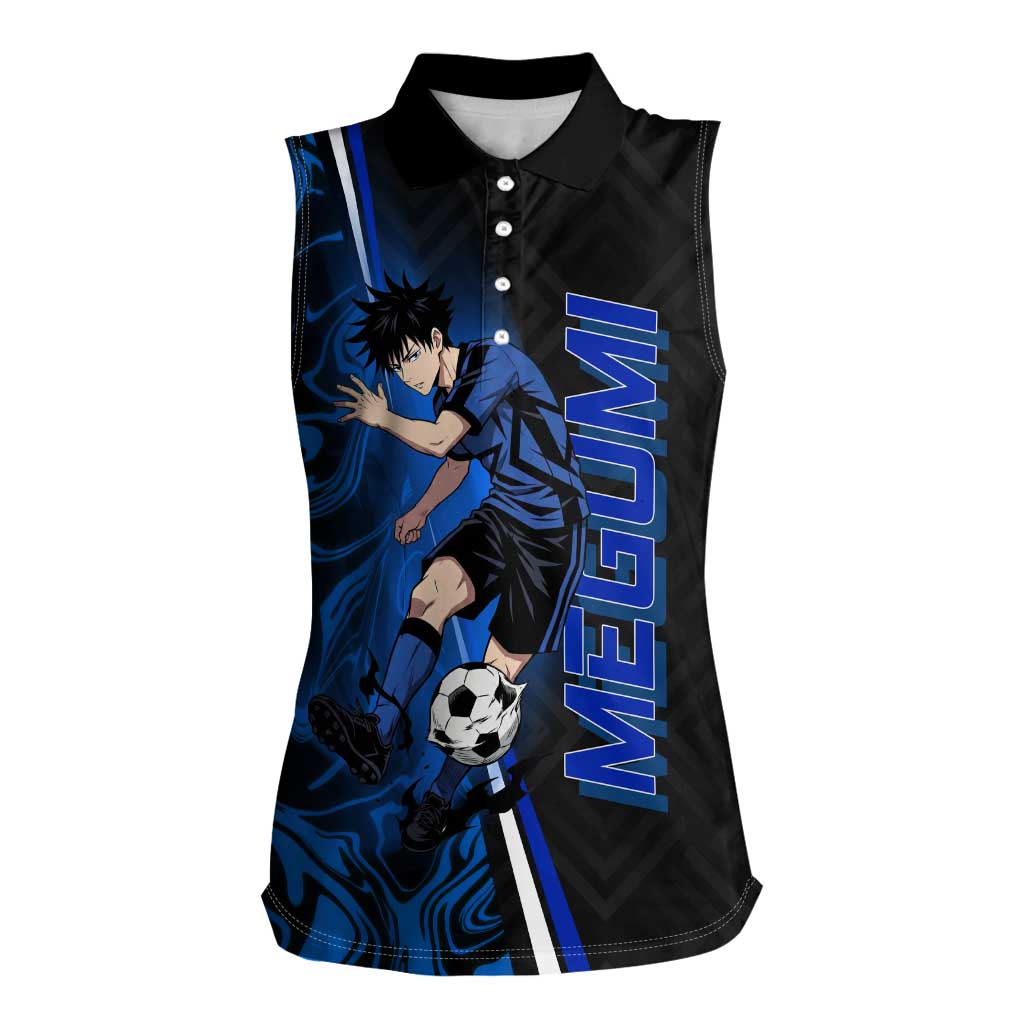 Custom Megumi Fushiguro Jujutsu Kaisen Women Sleeveless Polo Shirt Blue Flames Soccer Theme Anime
