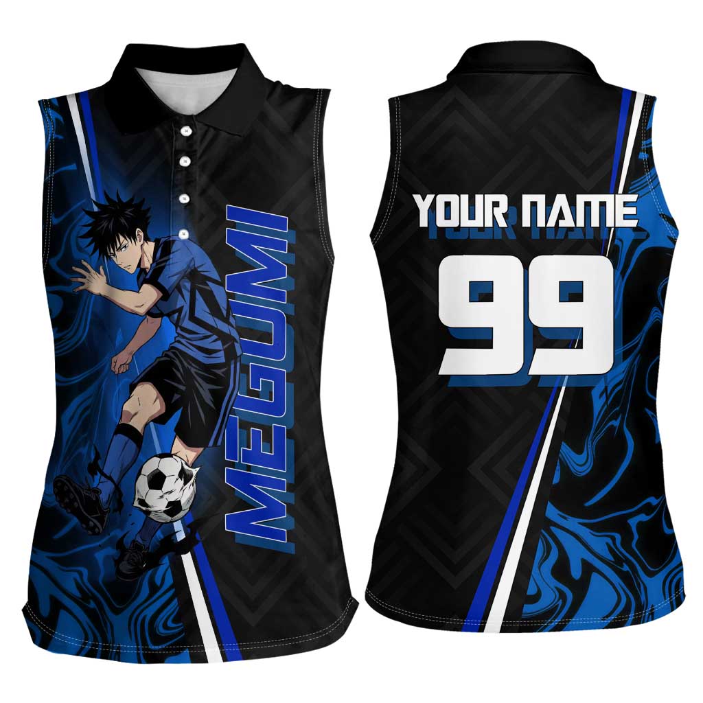 Custom Megumi Fushiguro Jujutsu Kaisen Women Sleeveless Polo Shirt Blue Flames Soccer Theme Anime