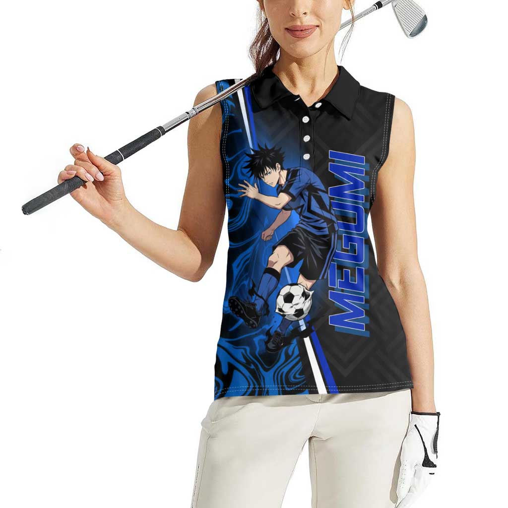 Custom Megumi Fushiguro Jujutsu Kaisen Women Sleeveless Polo Shirt Blue Flames Soccer Theme Anime