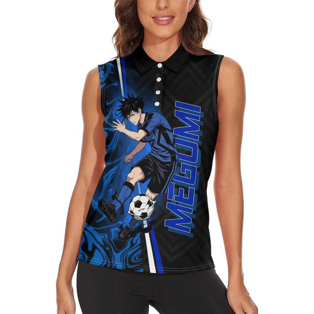 Custom Megumi Fushiguro Jujutsu Kaisen Women Sleeveless Polo Shirt Blue Flames Soccer Theme Anime