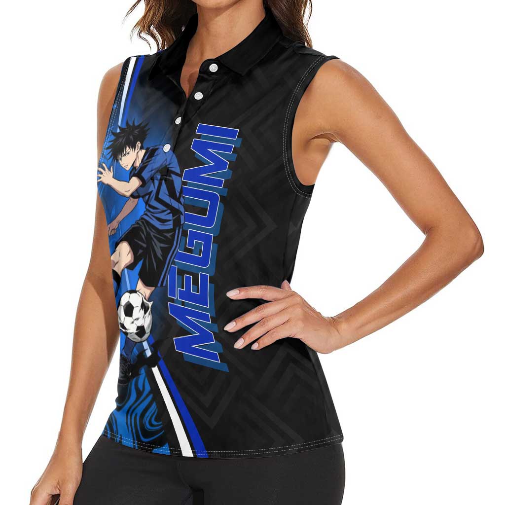 Custom Megumi Fushiguro Jujutsu Kaisen Women Sleeveless Polo Shirt Blue Flames Soccer Theme Anime