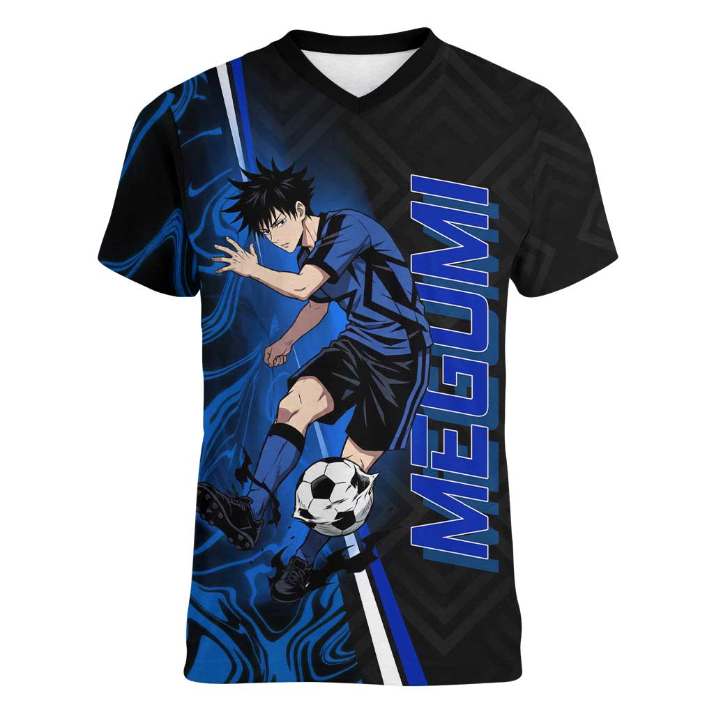 Custom Megumi Fushiguro Jujutsu Kaisen Women V-Neck T-Shirt Blue Flames Soccer Theme Anime