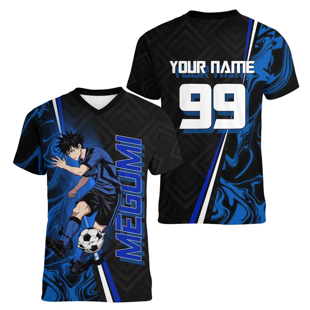 Custom Megumi Fushiguro Jujutsu Kaisen Women V-Neck T-Shirt Blue Flames Soccer Theme Anime