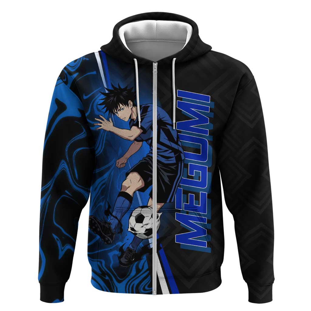 Custom Megumi Fushiguro Jujutsu Kaisen Zip Hoodie Blue Flames Soccer Theme Anime