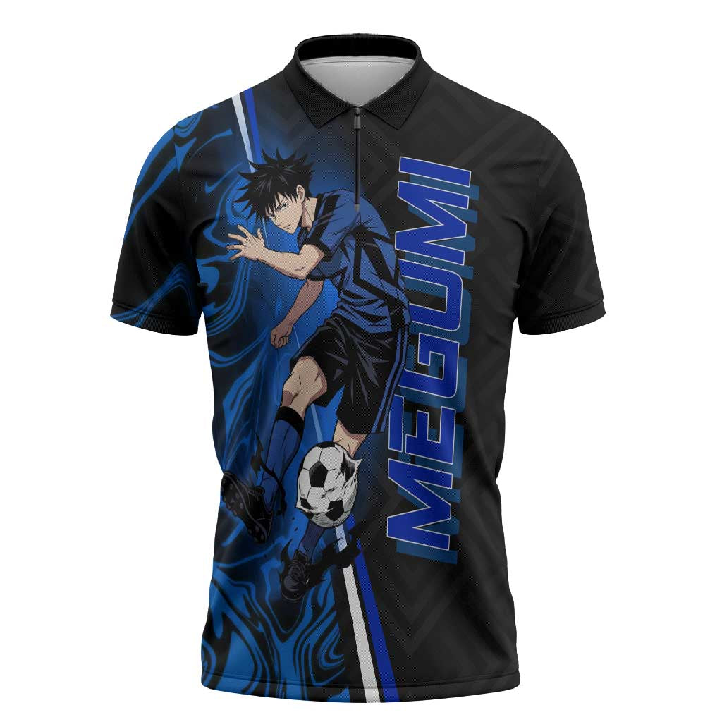 Custom Megumi Fushiguro Jujutsu Kaisen Zipper Polo Shirt Blue Flames Soccer Theme Anime