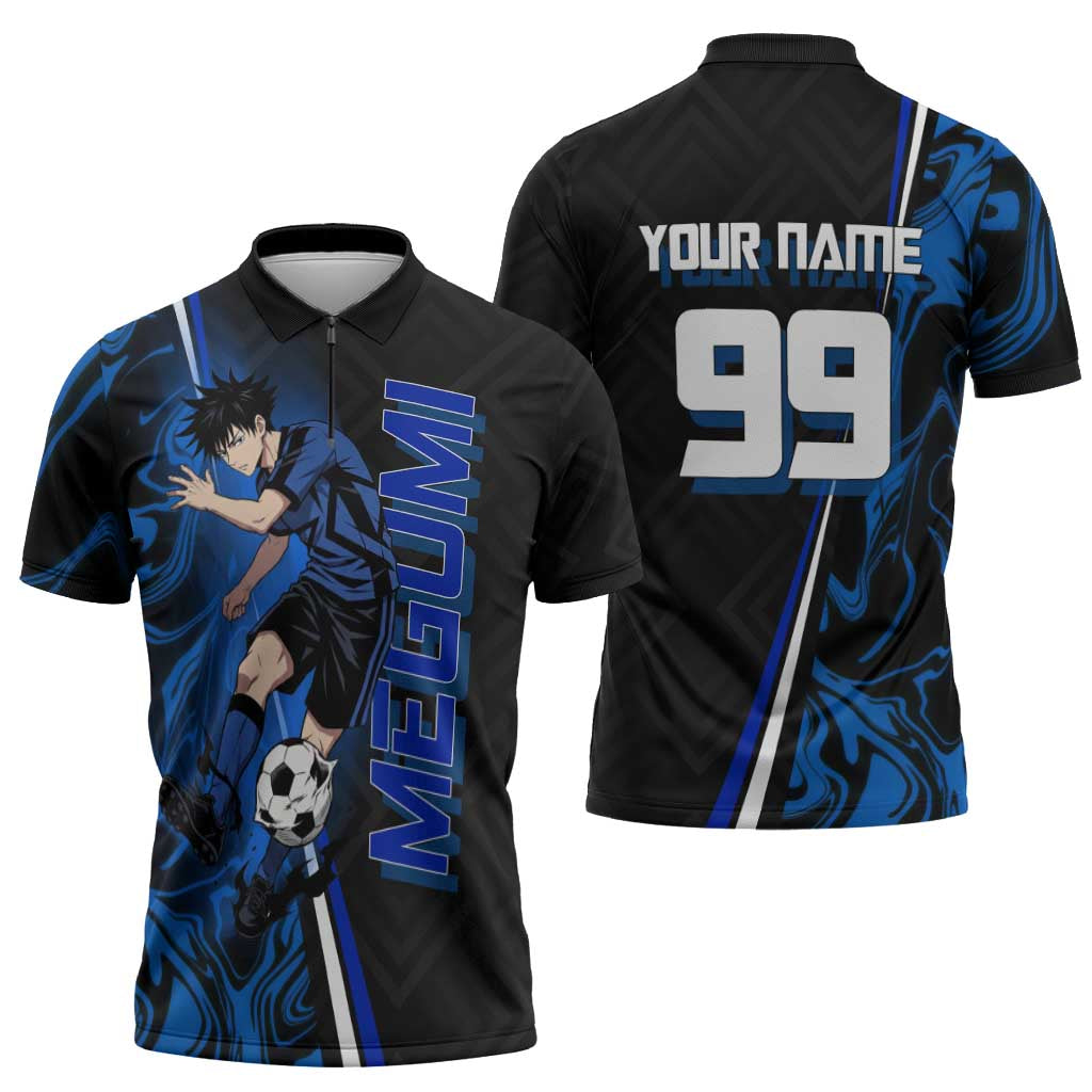 Custom Megumi Fushiguro Jujutsu Kaisen Zipper Polo Shirt Blue Flames Soccer Theme Anime