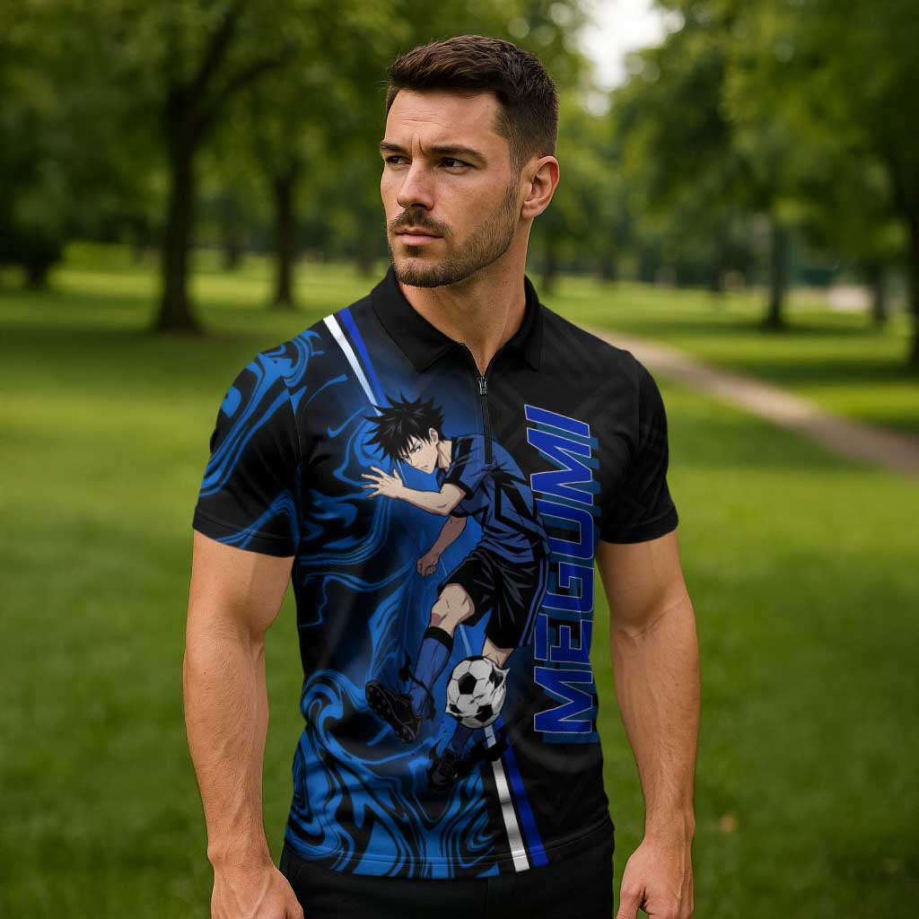 Custom Megumi Fushiguro Jujutsu Kaisen Zipper Polo Shirt Blue Flames Soccer Theme Anime