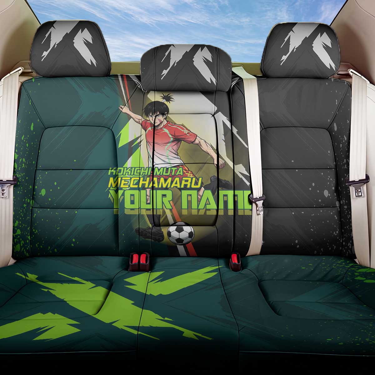 Personalized Kokichi Muta Jujutsu Kaisen Back Car Seat Cover Anime Soccer Theme Red Uniform Dynamic Kick Design