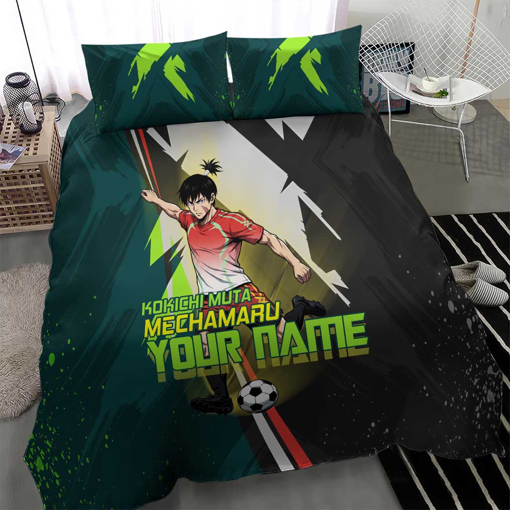 Personalized Kokichi Muta Jujutsu Kaisen Bedding Set Anime Soccer Theme Red Uniform Dynamic Kick Design