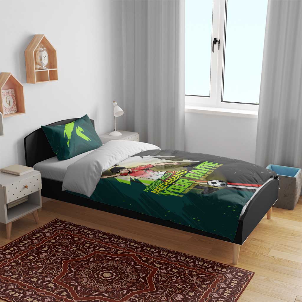Personalized Kokichi Muta Jujutsu Kaisen Bedding Set Anime Soccer Theme Red Uniform Dynamic Kick Design