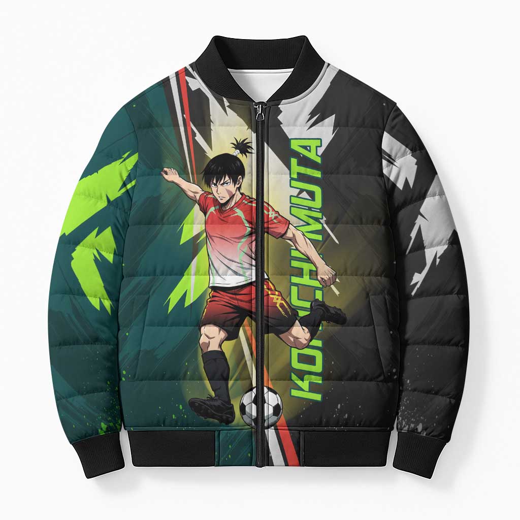 Personalized Kokichi Muta Jujutsu Kaisen Bomber Puffer Jacket Anime Soccer Theme Red Uniform Dynamic Kick Design