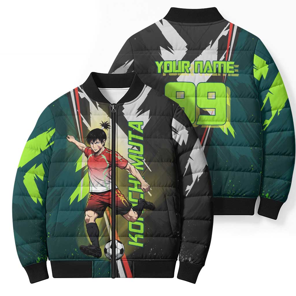 Personalized Kokichi Muta Jujutsu Kaisen Bomber Puffer Jacket Anime Soccer Theme Red Uniform Dynamic Kick Design