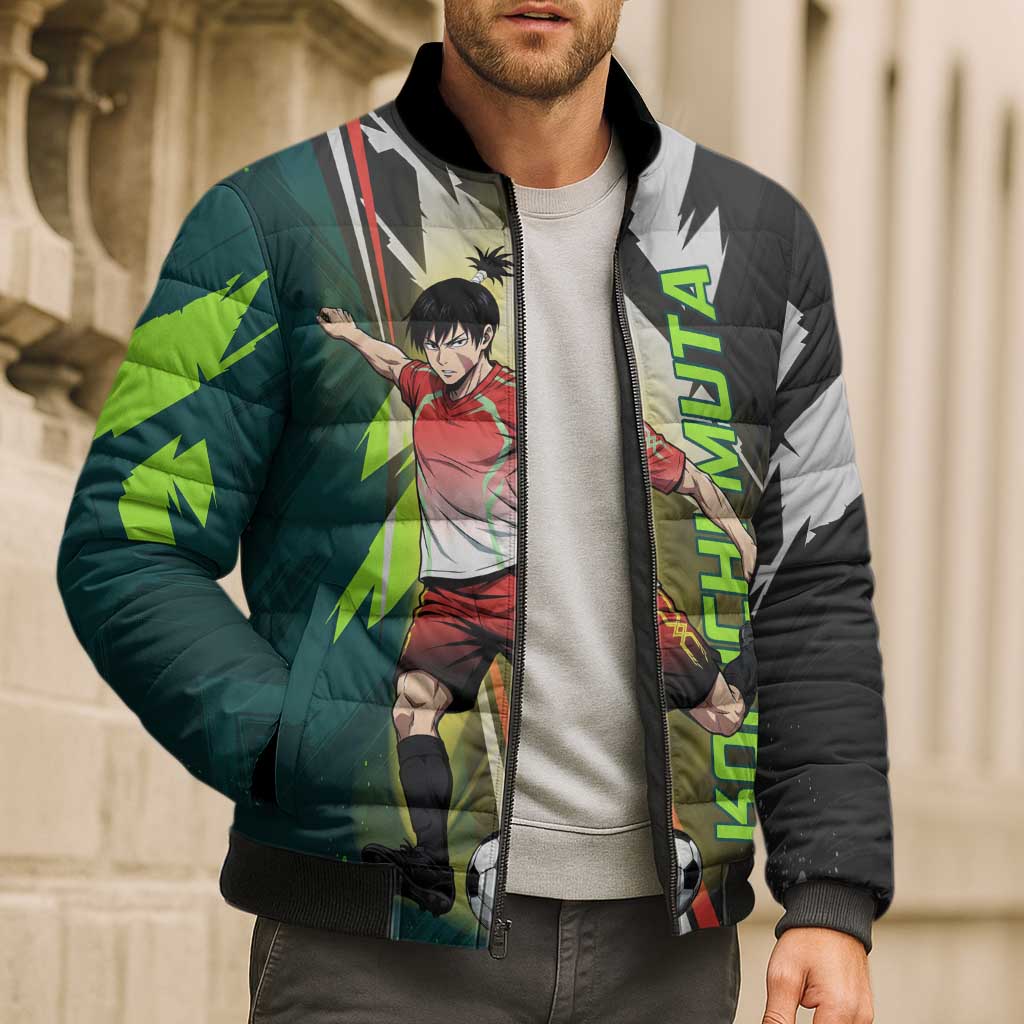 Personalized Kokichi Muta Jujutsu Kaisen Bomber Puffer Jacket Anime Soccer Theme Red Uniform Dynamic Kick Design