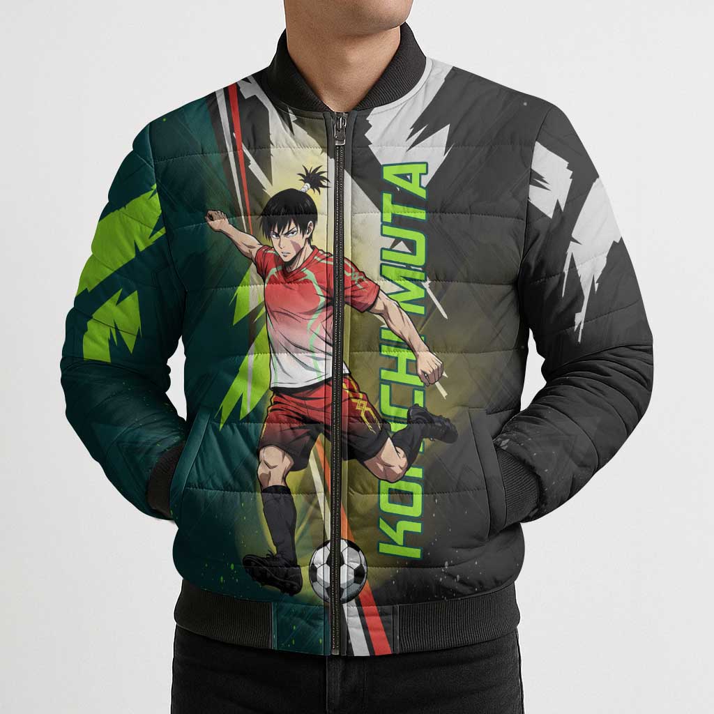 Personalized Kokichi Muta Jujutsu Kaisen Bomber Puffer Jacket Anime Soccer Theme Red Uniform Dynamic Kick Design