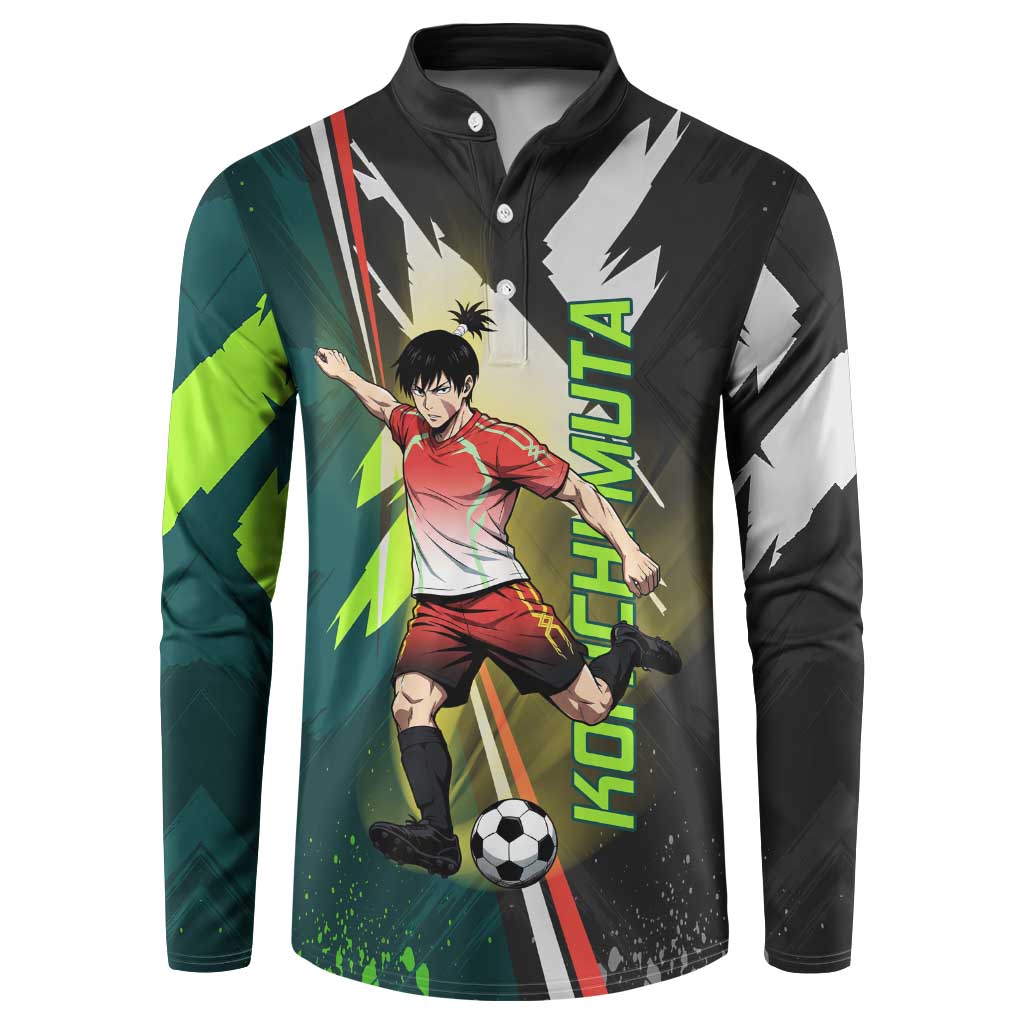 Personalized Kokichi Muta Jujutsu Kaisen Button Sweatshirt Anime Soccer Theme Red Uniform Dynamic Kick Design