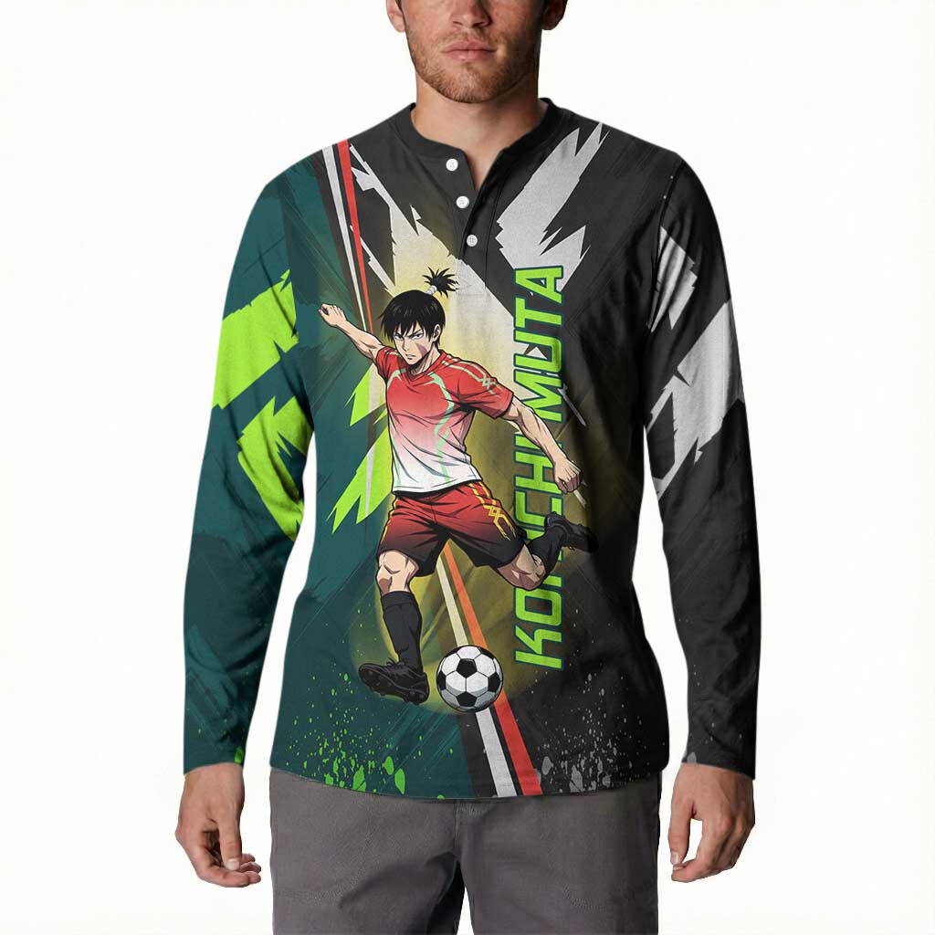 Personalized Kokichi Muta Jujutsu Kaisen Button Sweatshirt Anime Soccer Theme Red Uniform Dynamic Kick Design