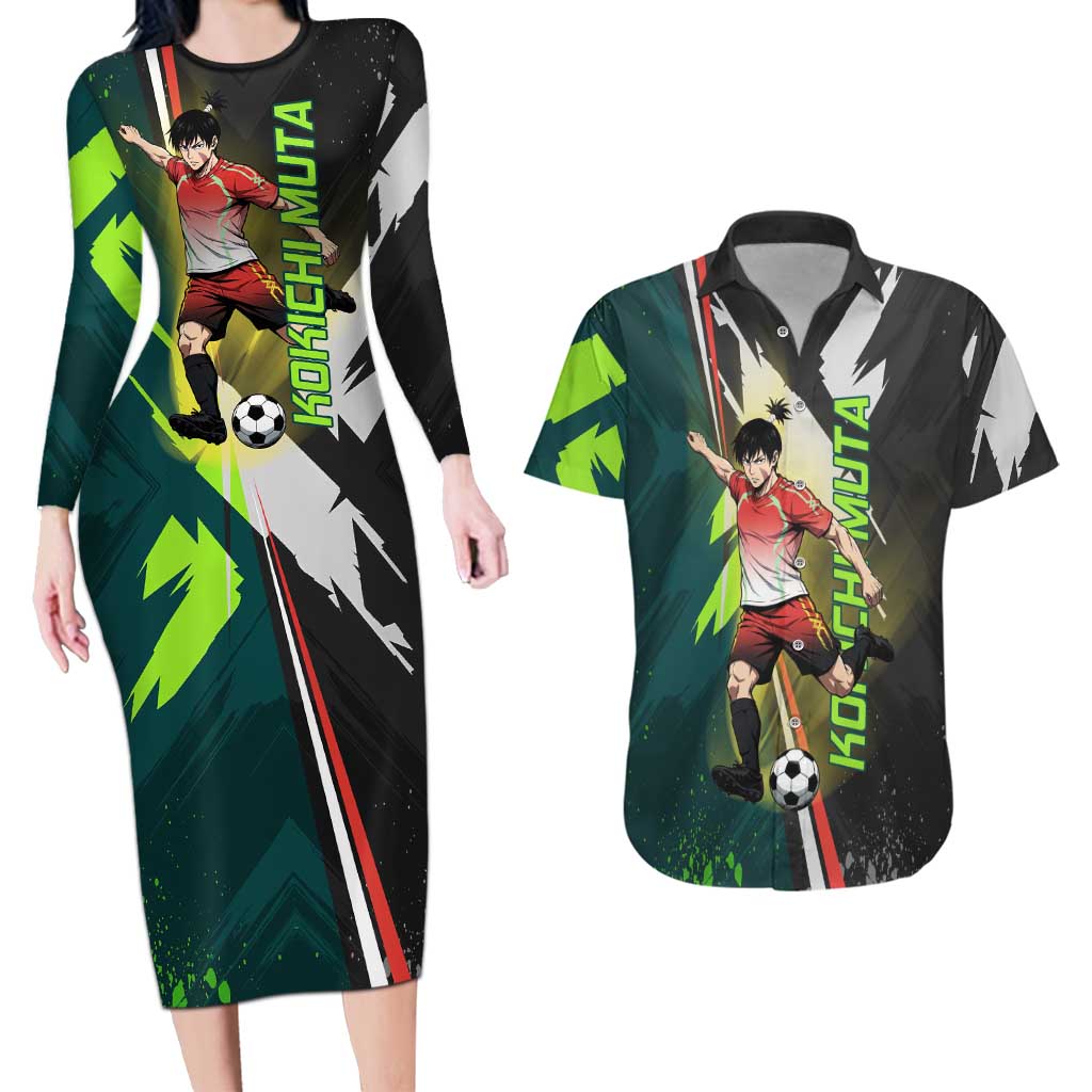 Personalized Kokichi Muta Jujutsu Kaisen Couples Matching Long Sleeve Bodycon Dress and Hawaiian Shirt Anime Soccer Theme Red Uniform Dynamic Kick Design