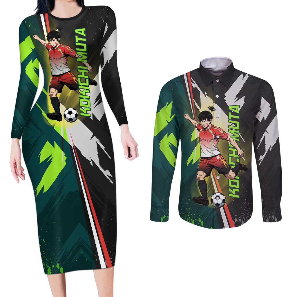 Personalized Kokichi Muta Jujutsu Kaisen Couples Matching Long Sleeve Bodycon Dress and Long Sleeve Button Shirt Anime Soccer Theme Red Uniform Dynamic Kick Design