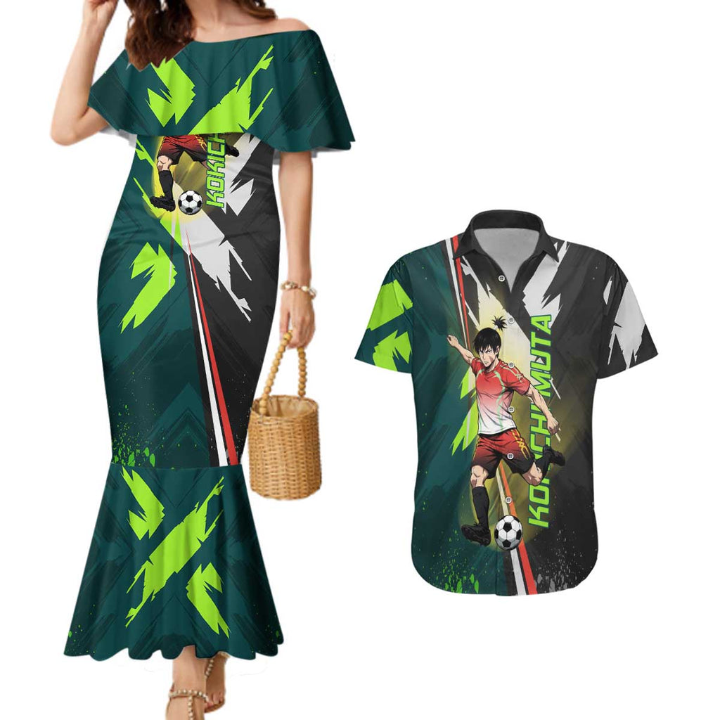 Personalized Kokichi Muta Jujutsu Kaisen Couples Matching Mermaid Dress and Hawaiian Shirt Anime Soccer Theme Red Uniform Dynamic Kick Design