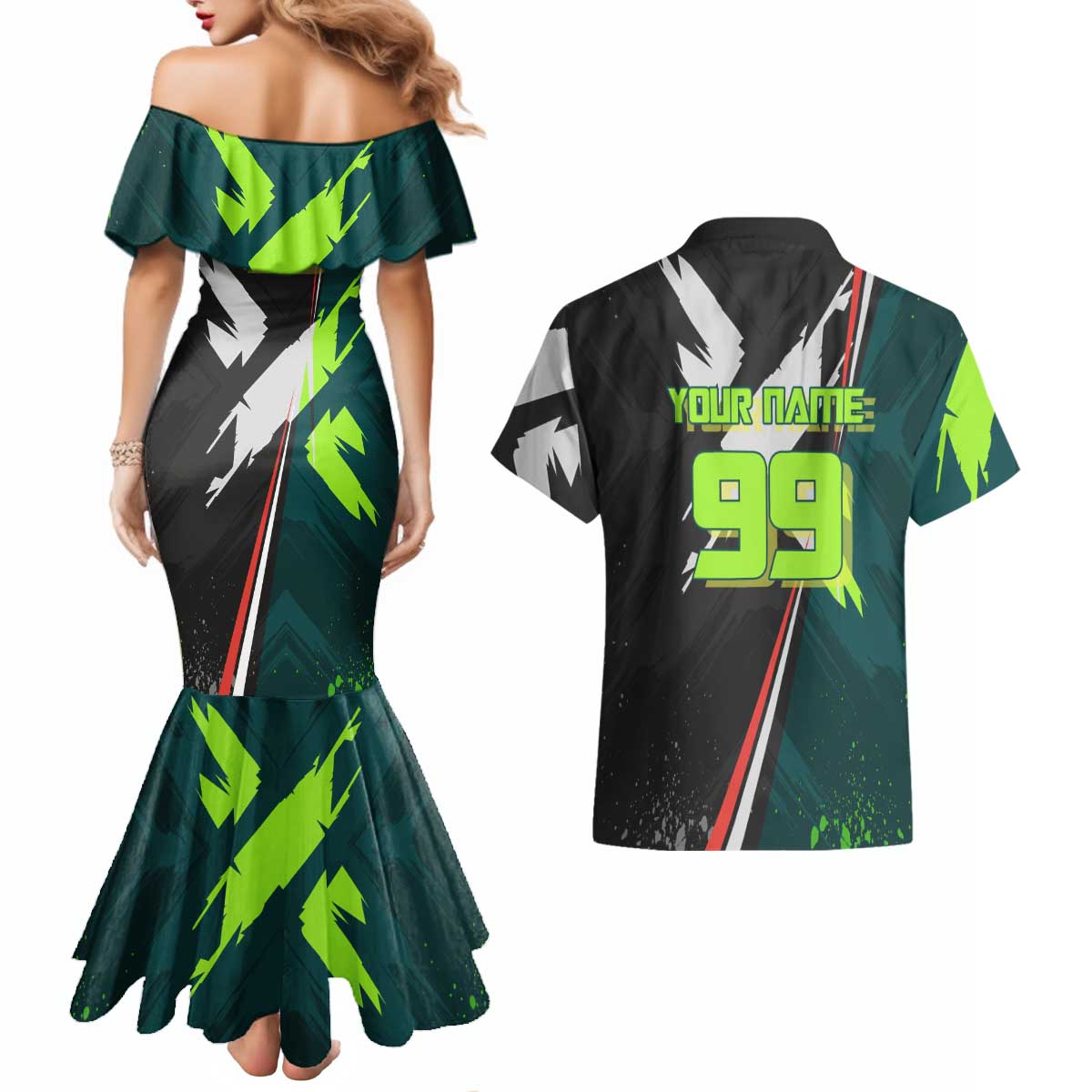 Personalized Kokichi Muta Jujutsu Kaisen Couples Matching Mermaid Dress and Hawaiian Shirt Anime Soccer Theme Red Uniform Dynamic Kick Design