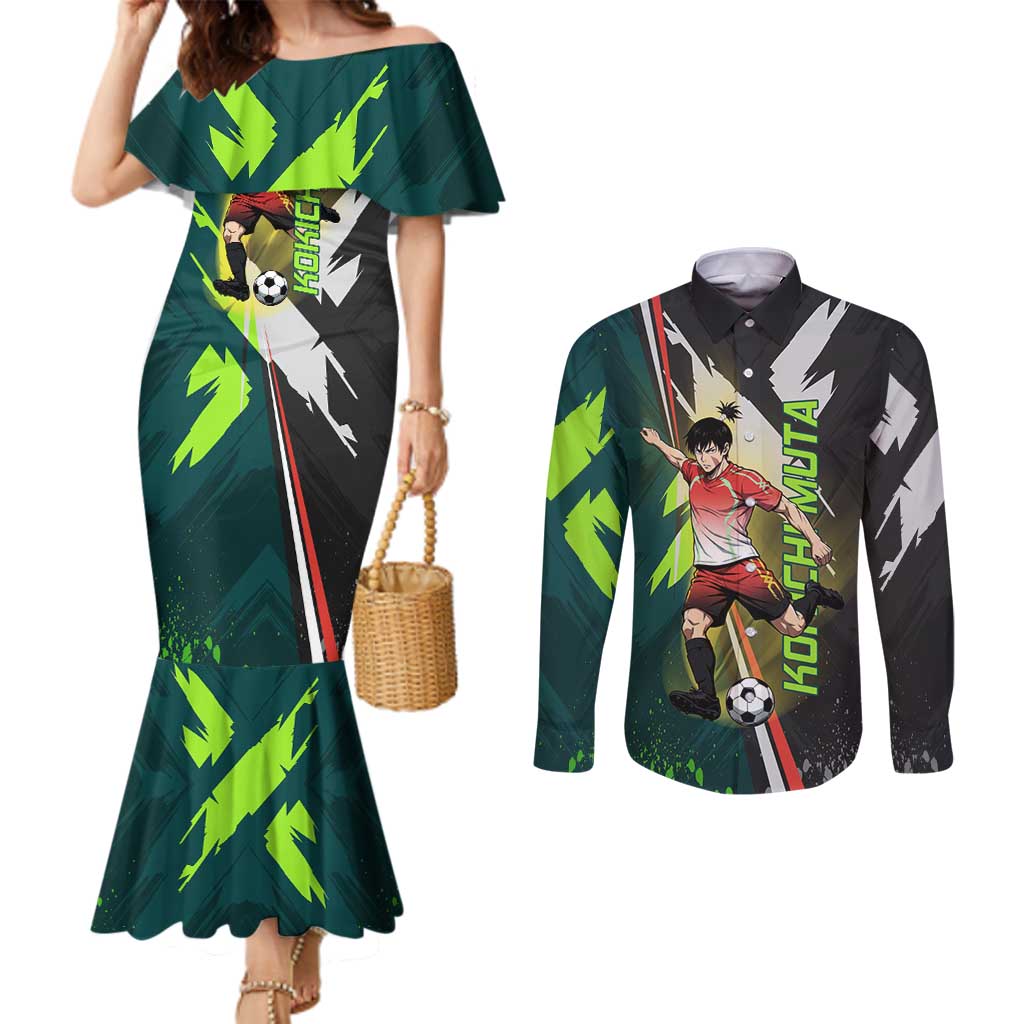 Personalized Kokichi Muta Jujutsu Kaisen Couples Matching Mermaid Dress and Long Sleeve Button Shirt Anime Soccer Theme Red Uniform Dynamic Kick Design