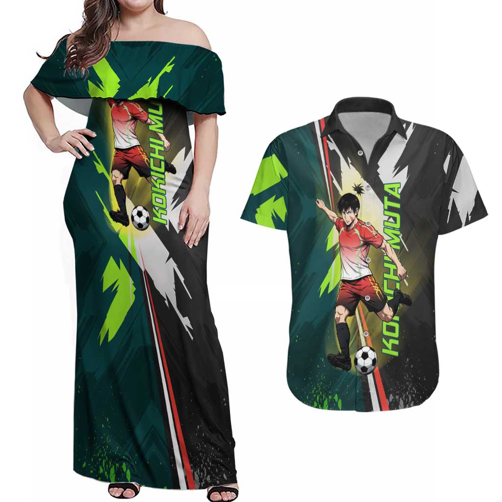 Personalized Kokichi Muta Jujutsu Kaisen Couples Matching Off Shoulder Maxi Dress and Hawaiian Shirt Anime Soccer Theme Red Uniform Dynamic Kick Design