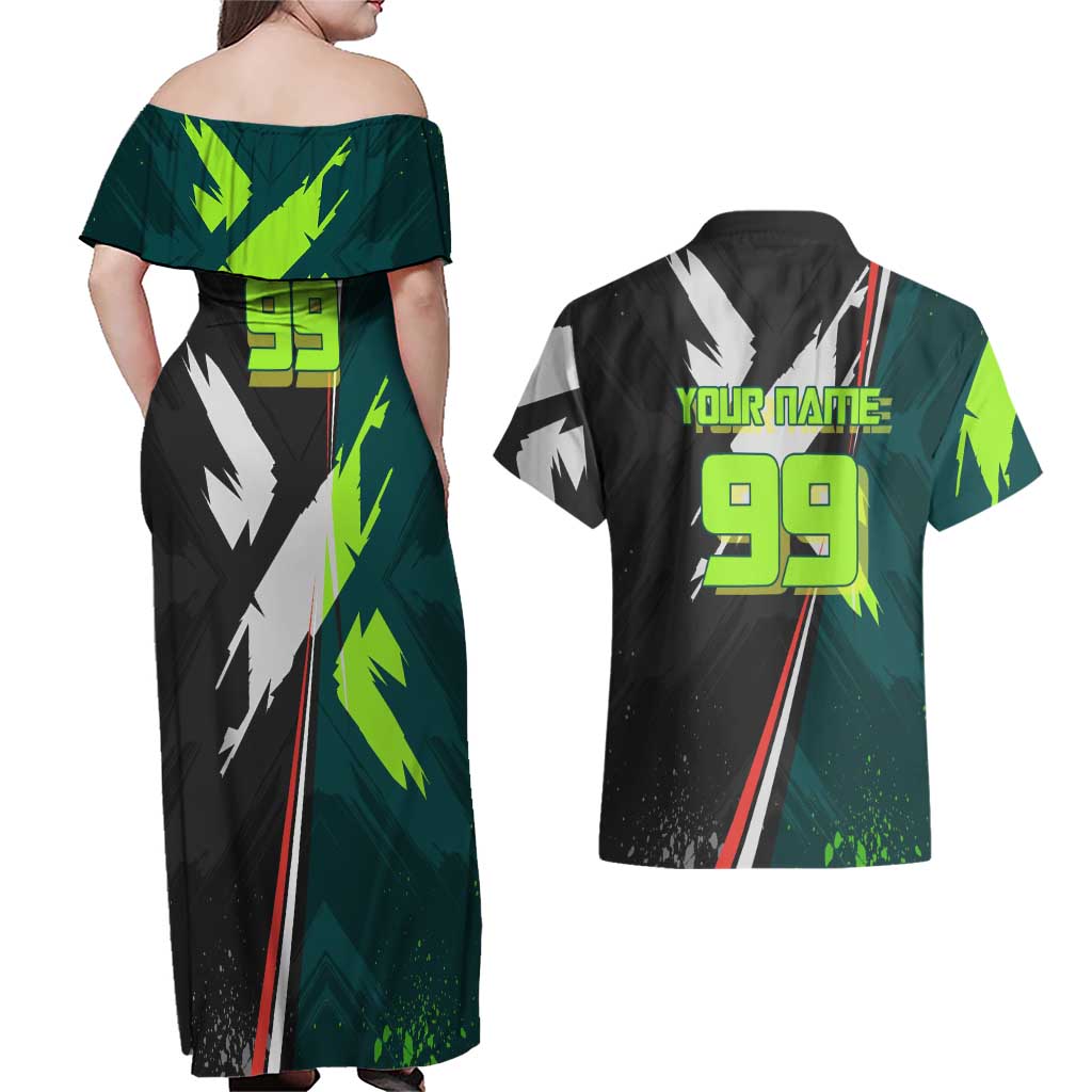 Personalized Kokichi Muta Jujutsu Kaisen Couples Matching Off Shoulder Maxi Dress and Hawaiian Shirt Anime Soccer Theme Red Uniform Dynamic Kick Design