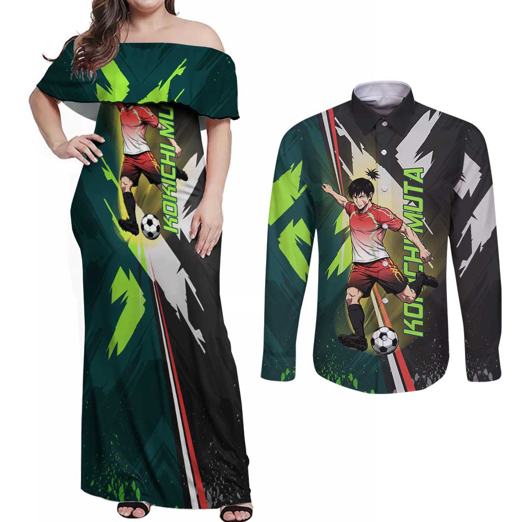 Personalized Kokichi Muta Jujutsu Kaisen Couples Matching Off Shoulder Maxi Dress and Long Sleeve Button Shirt Anime Soccer Theme Red Uniform Dynamic Kick Design