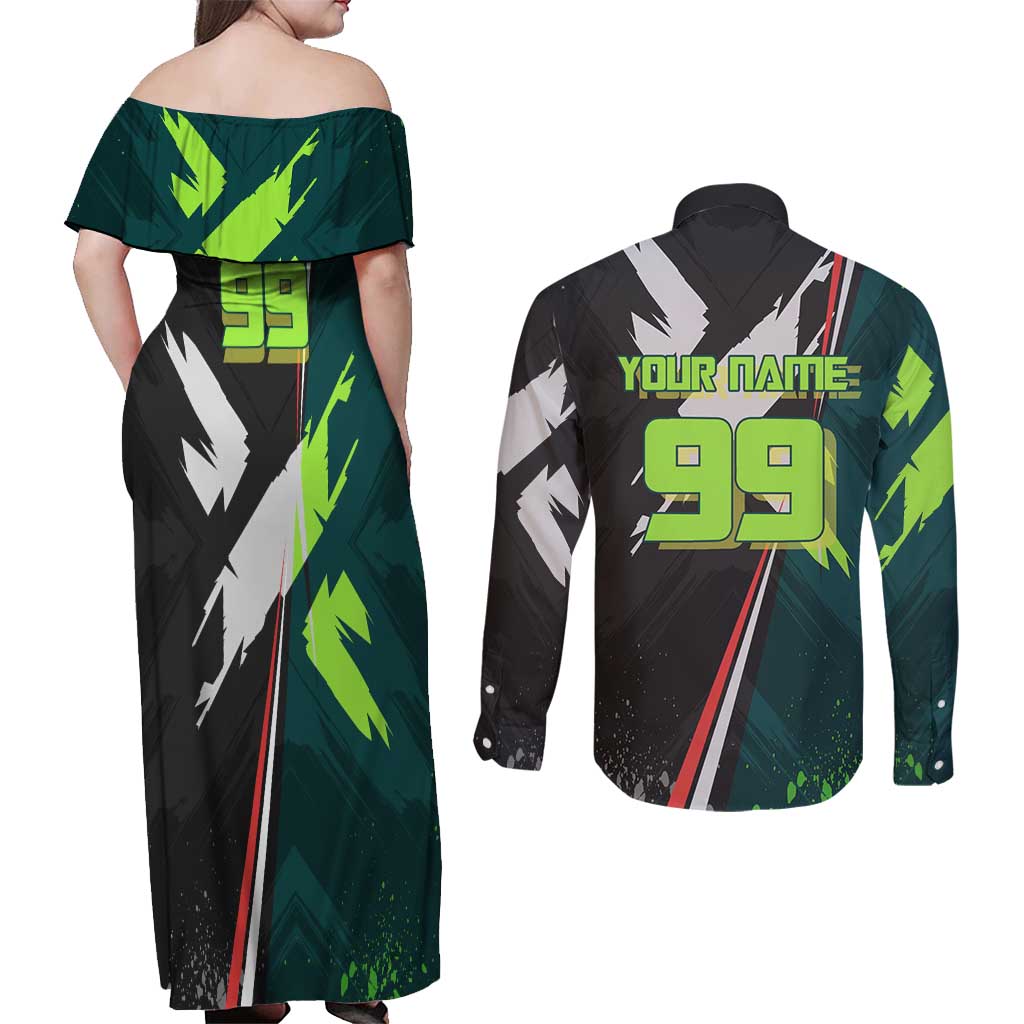 Personalized Kokichi Muta Jujutsu Kaisen Couples Matching Off Shoulder Maxi Dress and Long Sleeve Button Shirt Anime Soccer Theme Red Uniform Dynamic Kick Design