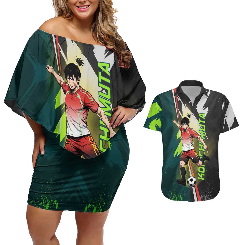 Personalized Kokichi Muta Jujutsu Kaisen Couples Matching Off Shoulder Short Dress and Hawaiian Shirt Anime Soccer Theme Red Uniform Dynamic Kick Design