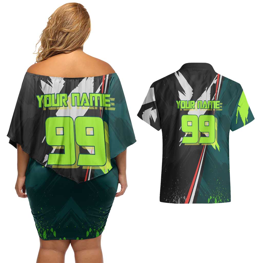 Personalized Kokichi Muta Jujutsu Kaisen Couples Matching Off Shoulder Short Dress and Hawaiian Shirt Anime Soccer Theme Red Uniform Dynamic Kick Design
