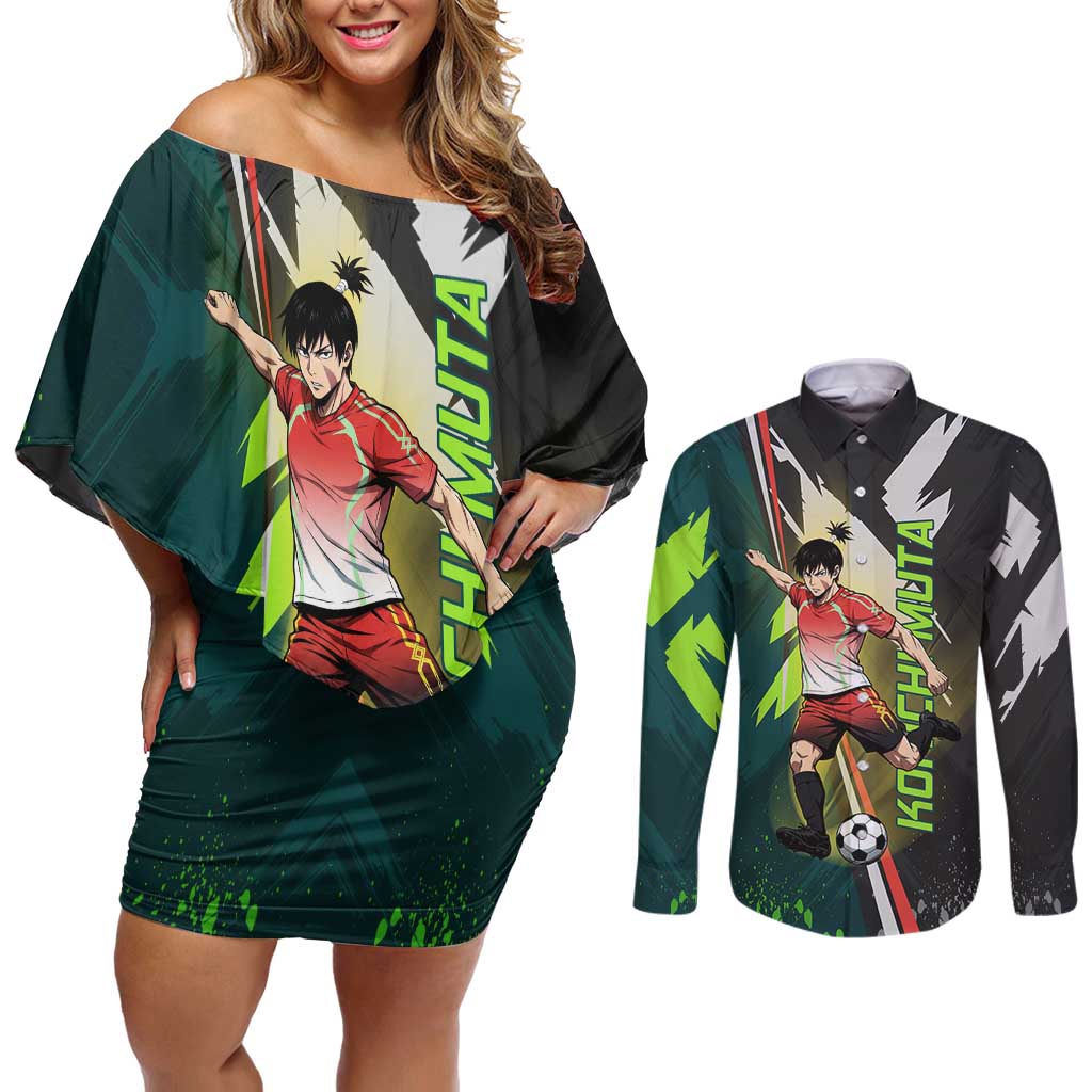 Personalized Kokichi Muta Jujutsu Kaisen Couples Matching Off Shoulder Short Dress and Long Sleeve Button Shirt Anime Soccer Theme Red Uniform Dynamic Kick Design