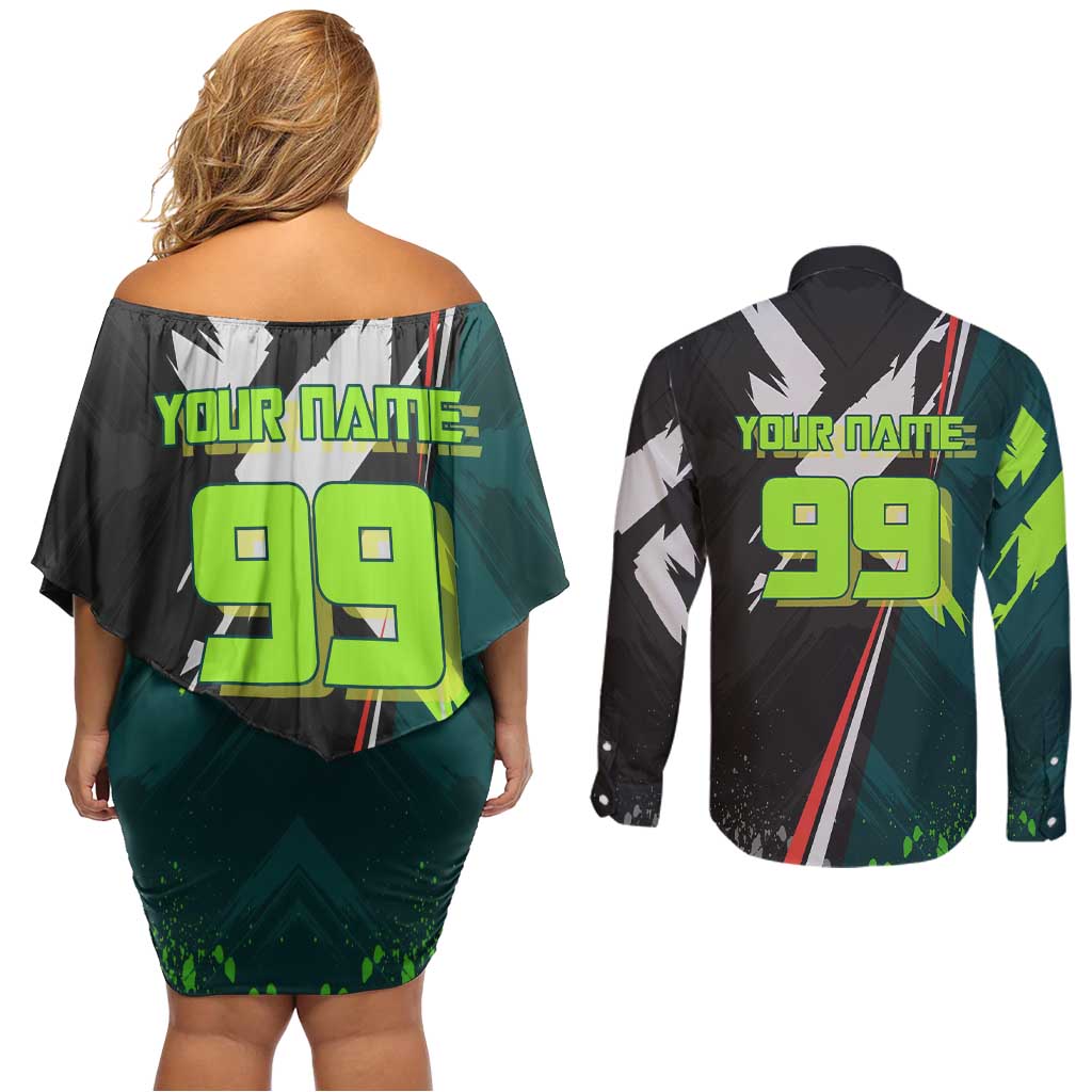 Personalized Kokichi Muta Jujutsu Kaisen Couples Matching Off Shoulder Short Dress and Long Sleeve Button Shirt Anime Soccer Theme Red Uniform Dynamic Kick Design