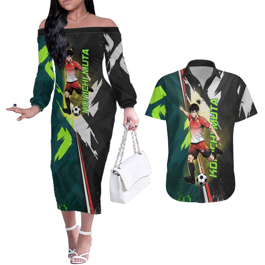 Personalized Kokichi Muta Jujutsu Kaisen Couples Matching Off The Shoulder Long Sleeve Dress and Hawaiian Shirt Anime Soccer Theme Red Uniform Dynamic Kick Design