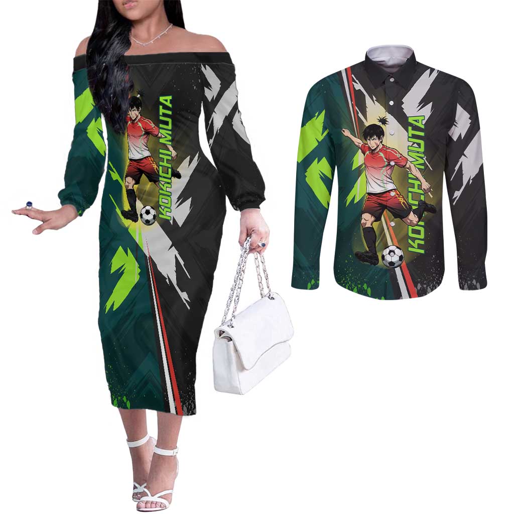 Personalized Kokichi Muta Jujutsu Kaisen Couples Matching Off The Shoulder Long Sleeve Dress and Long Sleeve Button Shirt Anime Soccer Theme Red Uniform Dynamic Kick Design