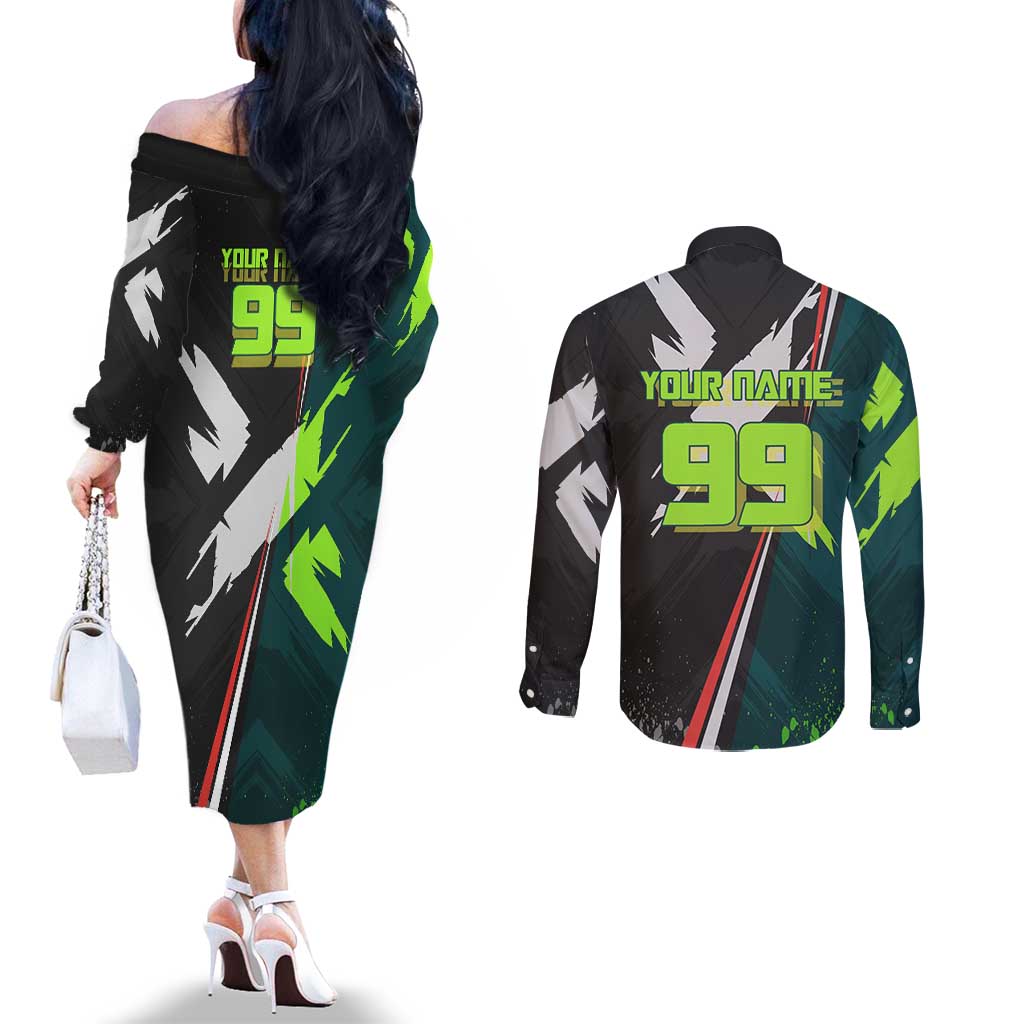 Personalized Kokichi Muta Jujutsu Kaisen Couples Matching Off The Shoulder Long Sleeve Dress and Long Sleeve Button Shirt Anime Soccer Theme Red Uniform Dynamic Kick Design
