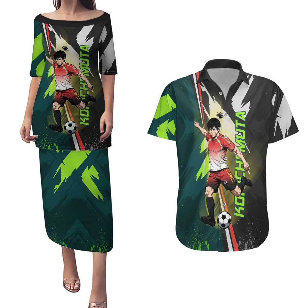 Personalized Kokichi Muta Jujutsu Kaisen Couples Matching Puletasi and Hawaiian Shirt Anime Soccer Theme Red Uniform Dynamic Kick Design